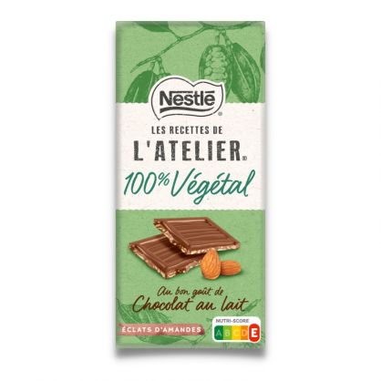DDM 30/11/23 - Tablette de chocolat au lait végétal aux éclats d'amandes - L'Atelier 100% Végétal
